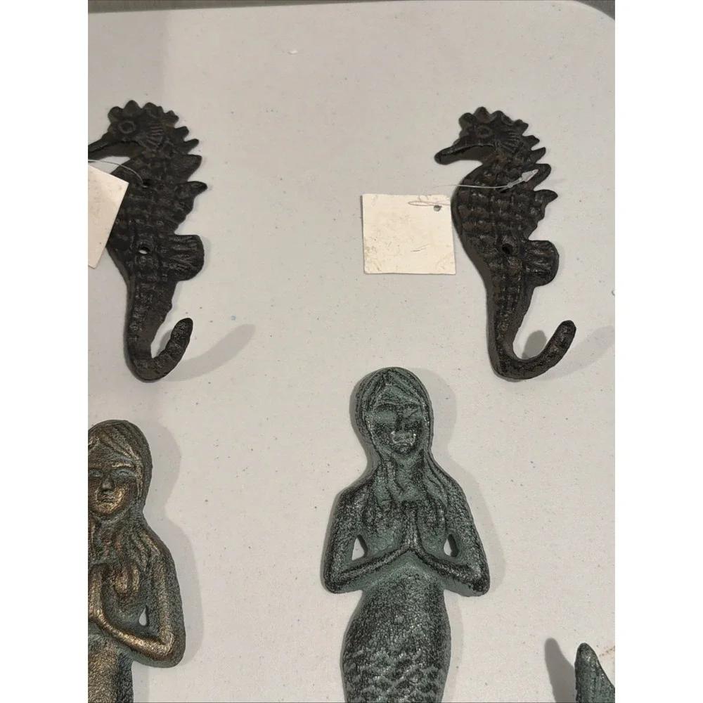 Set Of 6 Nautical Cast Iron Wall Hooks Mermaid Seahorse‎ Anchor New